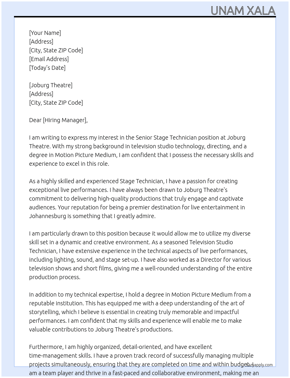 Senior Stage technician  At Joburg theatre Cover Letter
