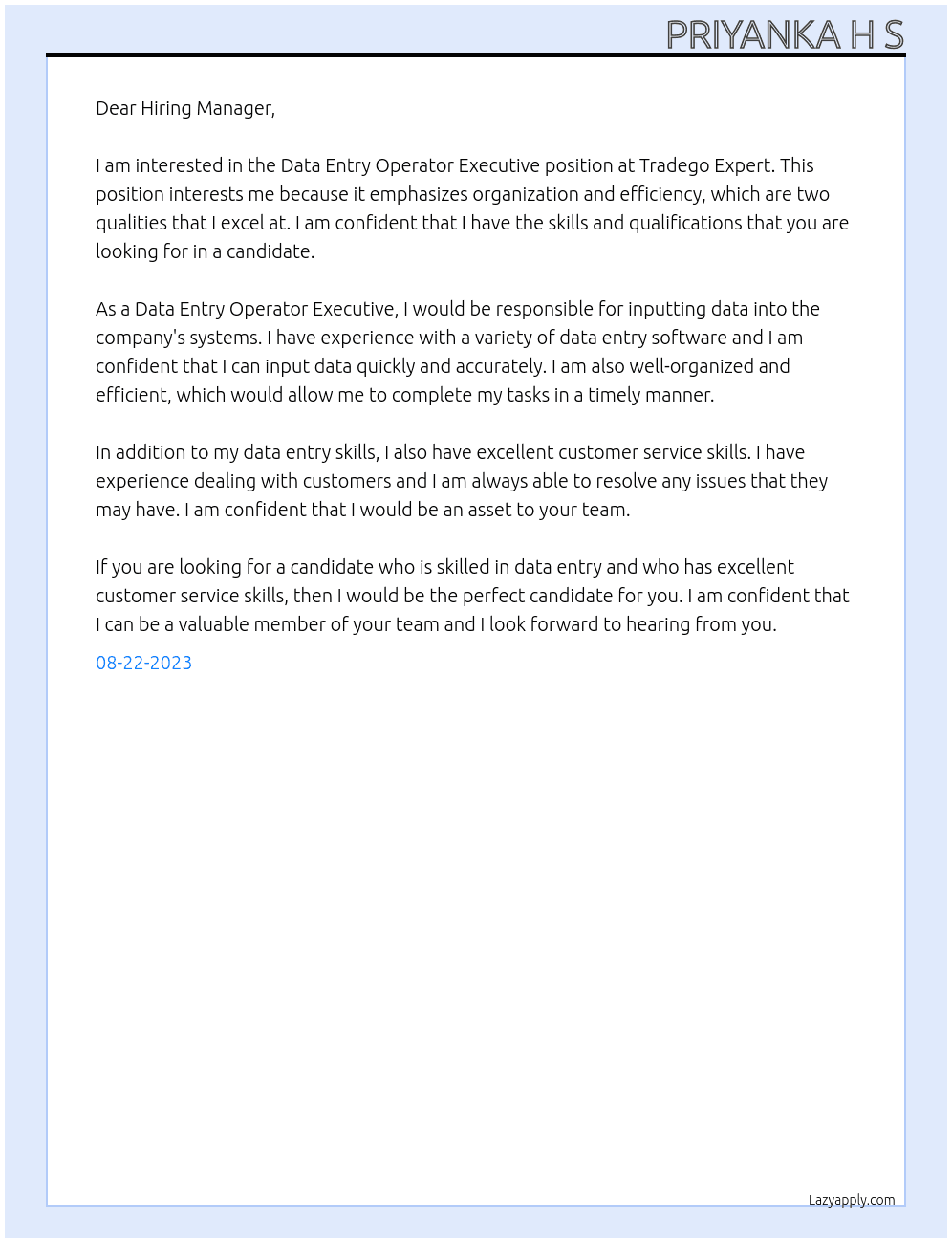 Data Entry Operator Executive At Tradego Expert  Cover Letter
