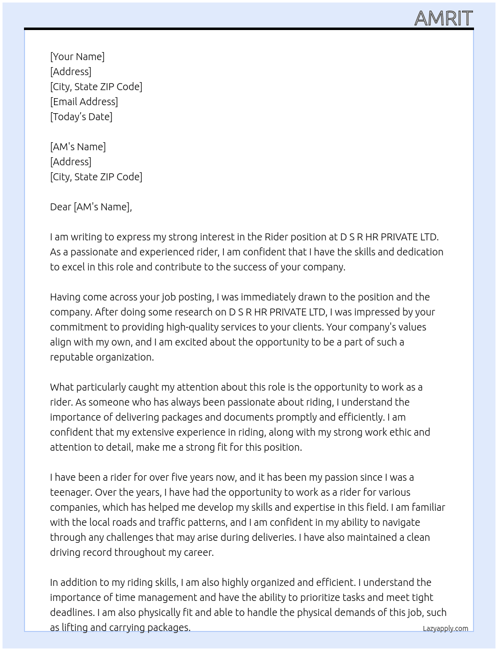 rider At D S R HR PRIVATE LTD Cover Letter