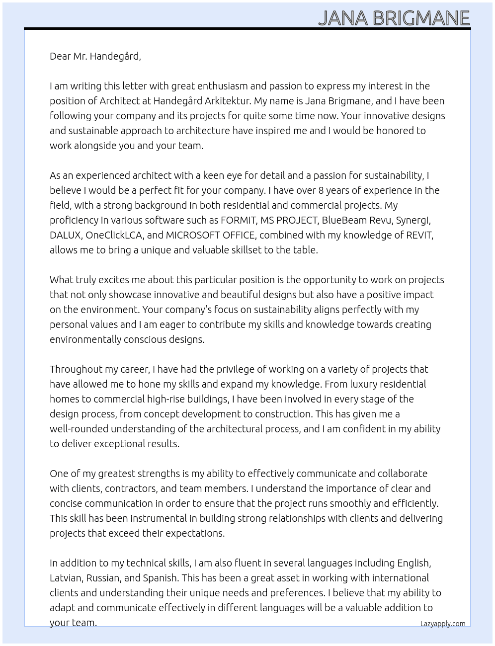 Architect At Handegård Arkitektur Cover Letter