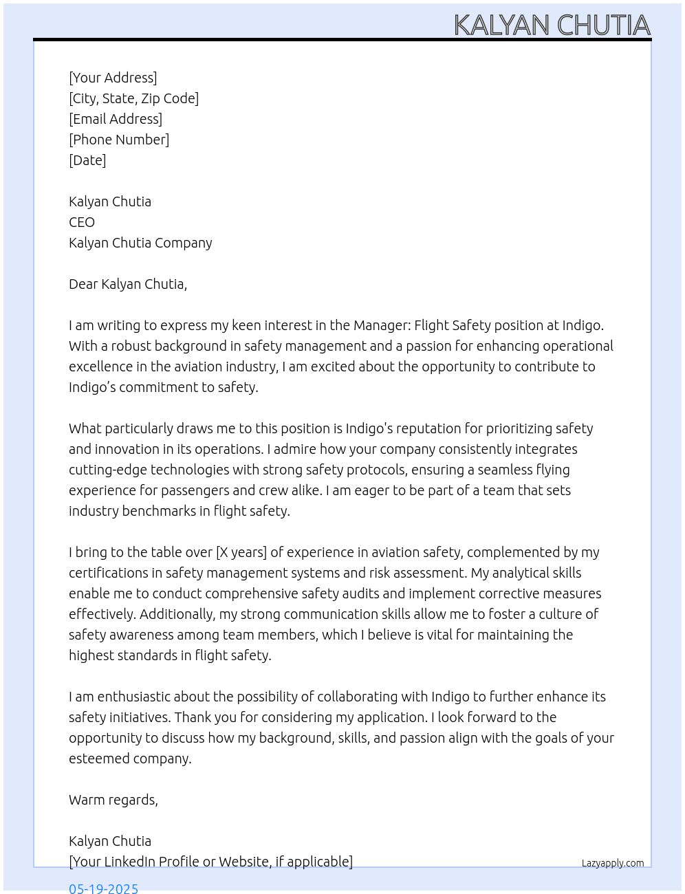 Manager:- Flight saify(Indigo) At Kalyan Chutia Cover Letter