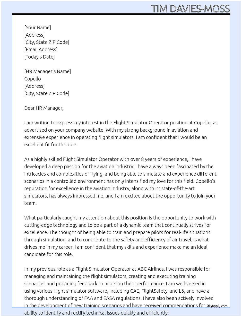 Flight Simulator Operator At Copello  Cover Letter