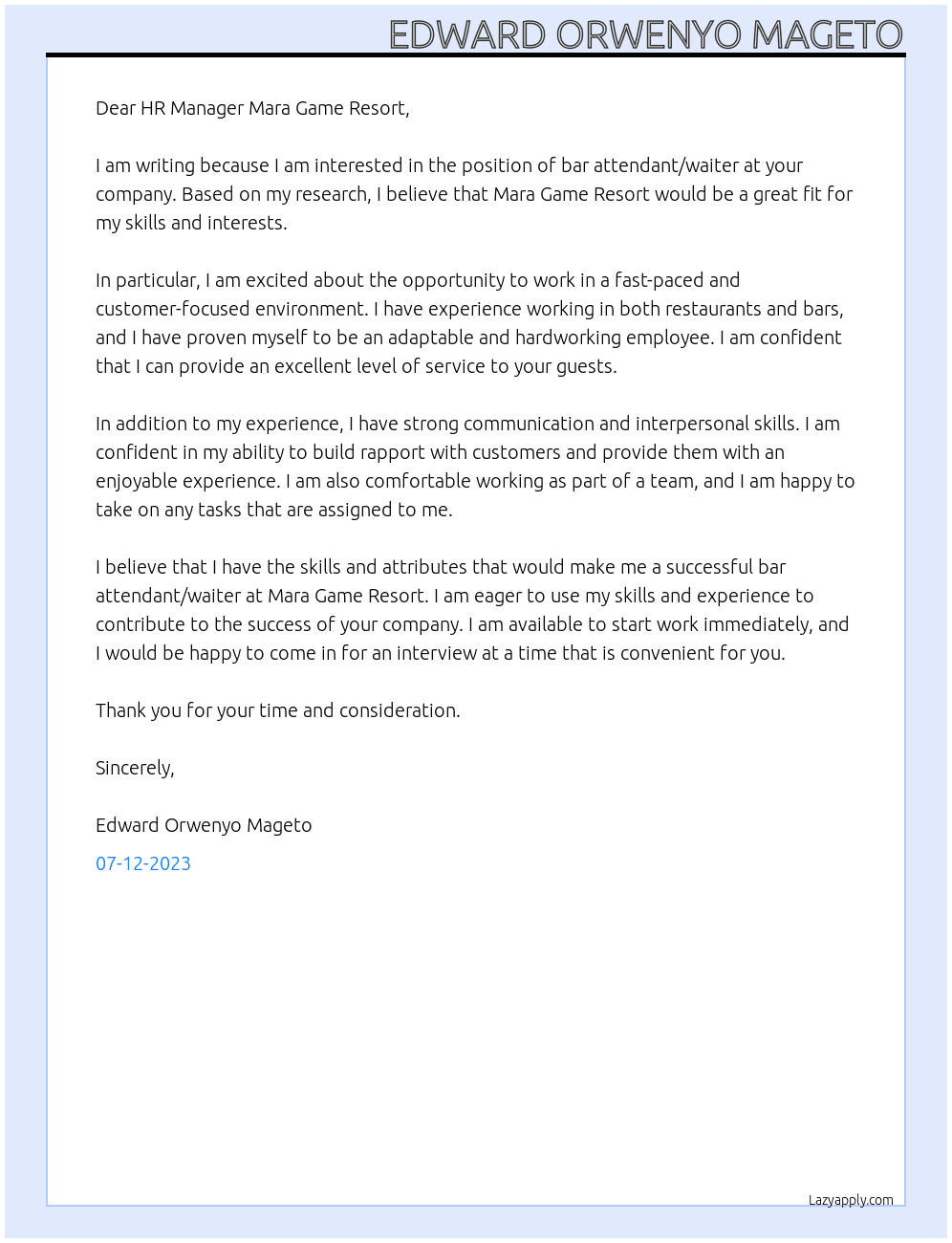 bar attendant/waiter At MARA GAME RESORT Cover Letter
