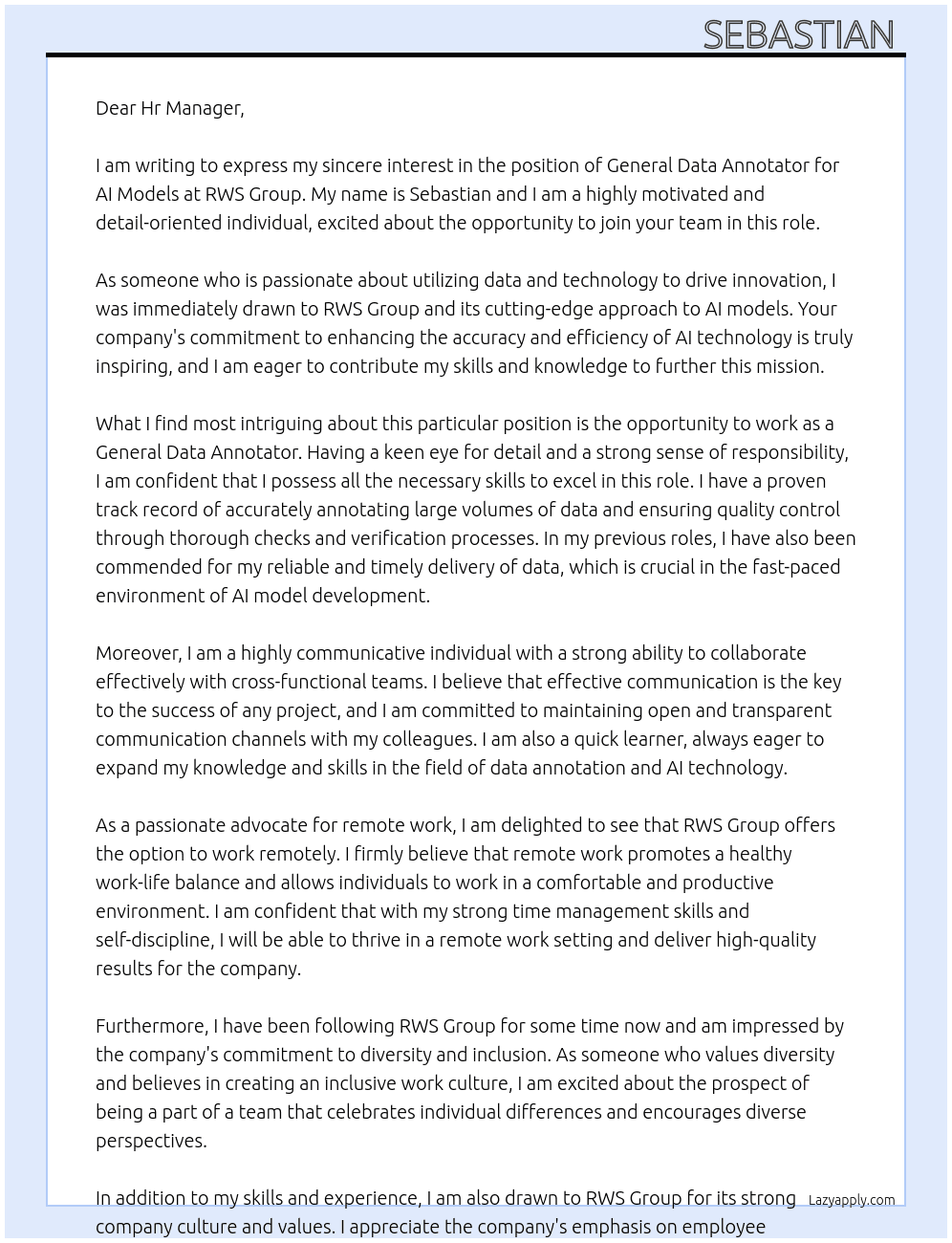 General Data Annotator for AI Models  At RWS Group Cover Letter