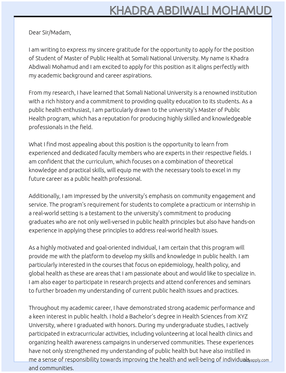 Student of Master of Public Health At Somali National University Cover Letter