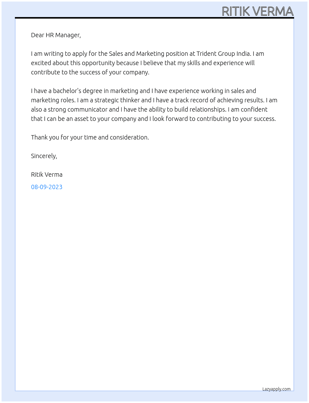 Sales and Marketing At Trident Group India Cover Letter
