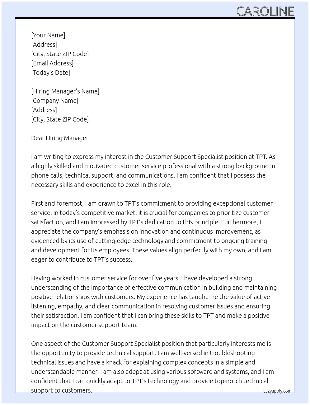Customer Support Specialist At TPT Cover Letter