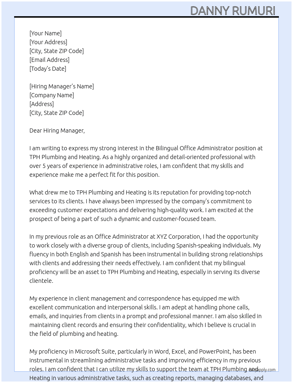 Bilingual Office Administrator  At TPH Plumbing and Heating Cover Letter