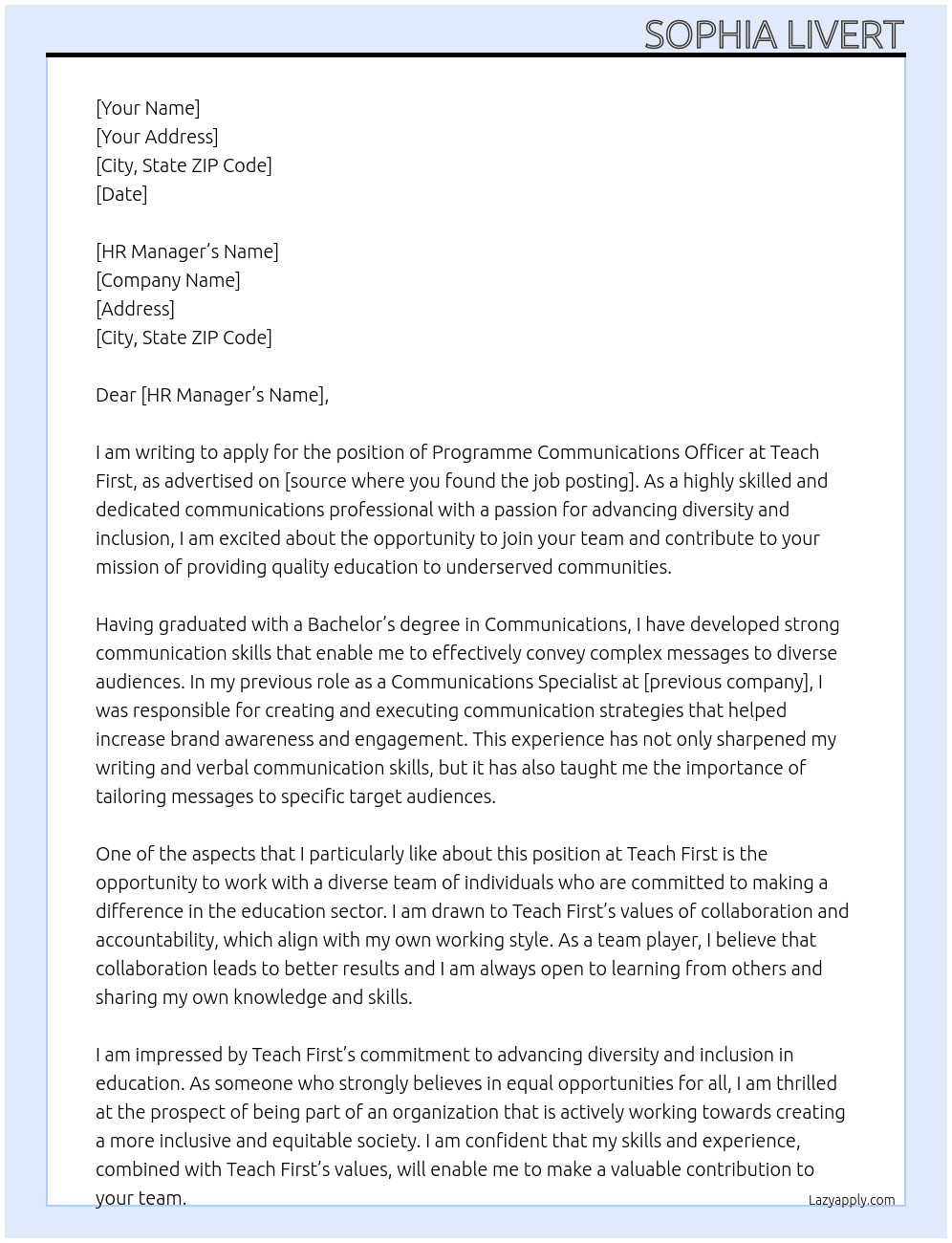 Programme Communications Officer At Teach First Cover Letter