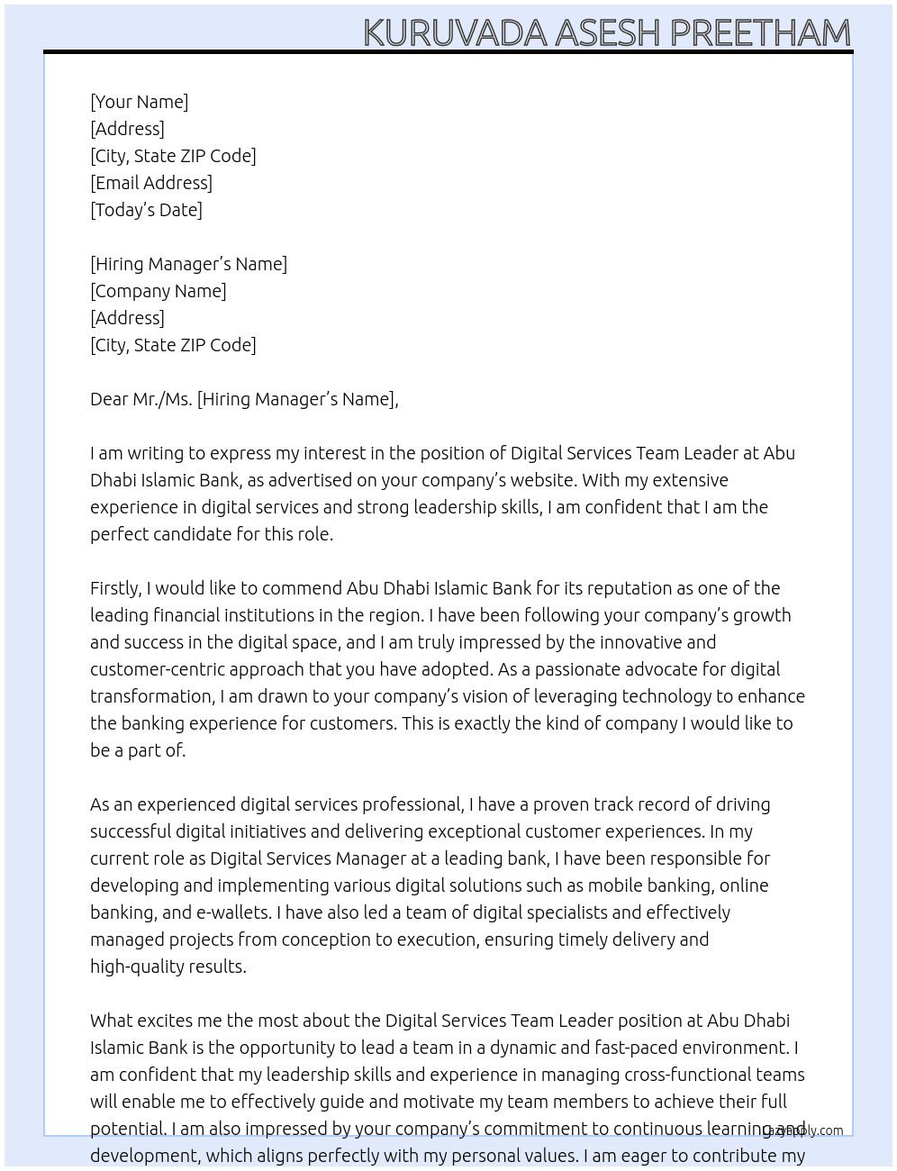 Digital Services Team Leader At Abu Dhabi Islamic Bank: Cover Letter