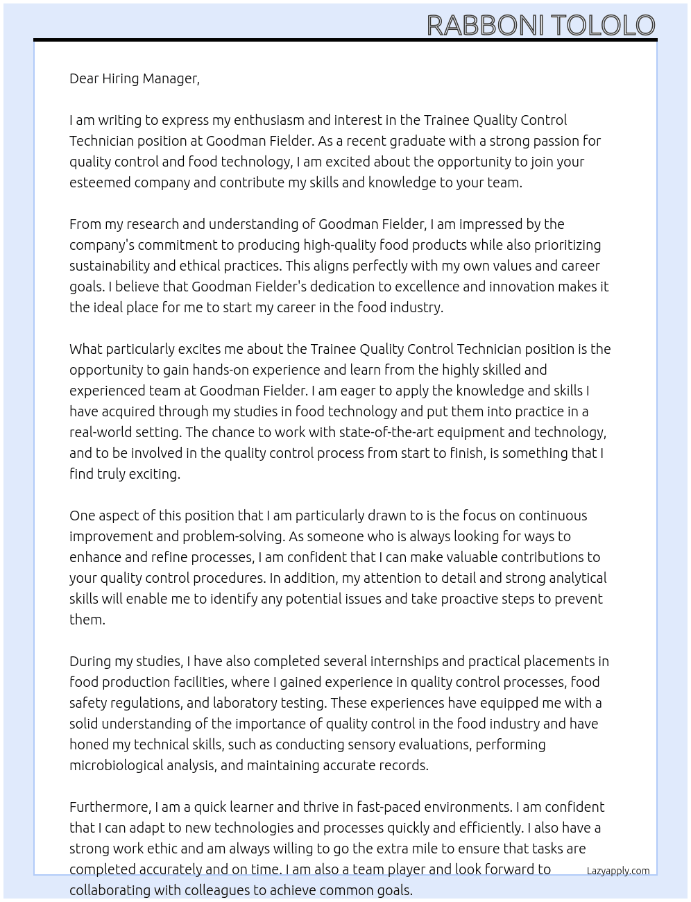 Trainee Quality Control Technician At Goodman Fielder Cover Letter