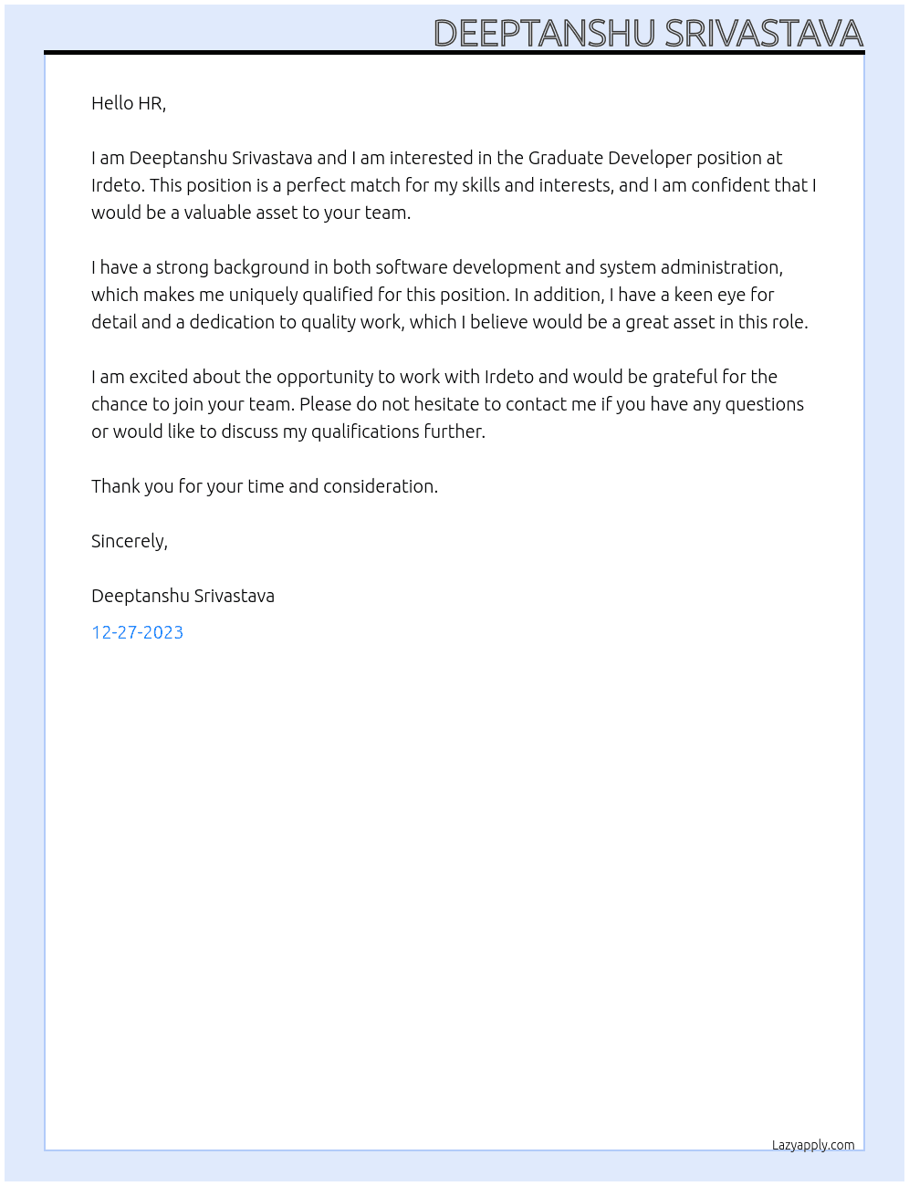 Graduate Developer At Irdeto Cover Letter