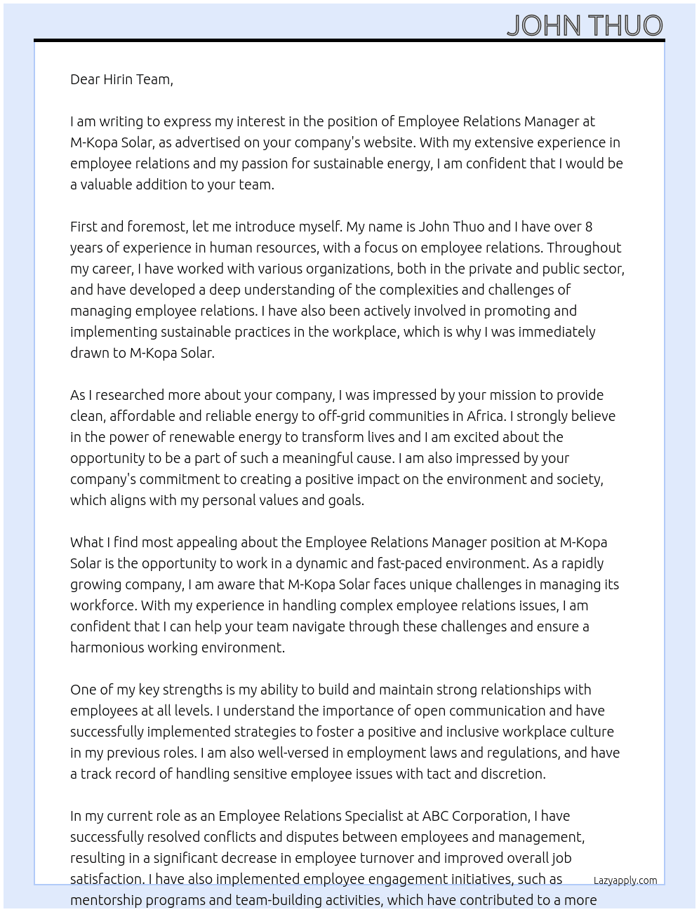 employee relations manager At M-Kopa Solar Cover Letter