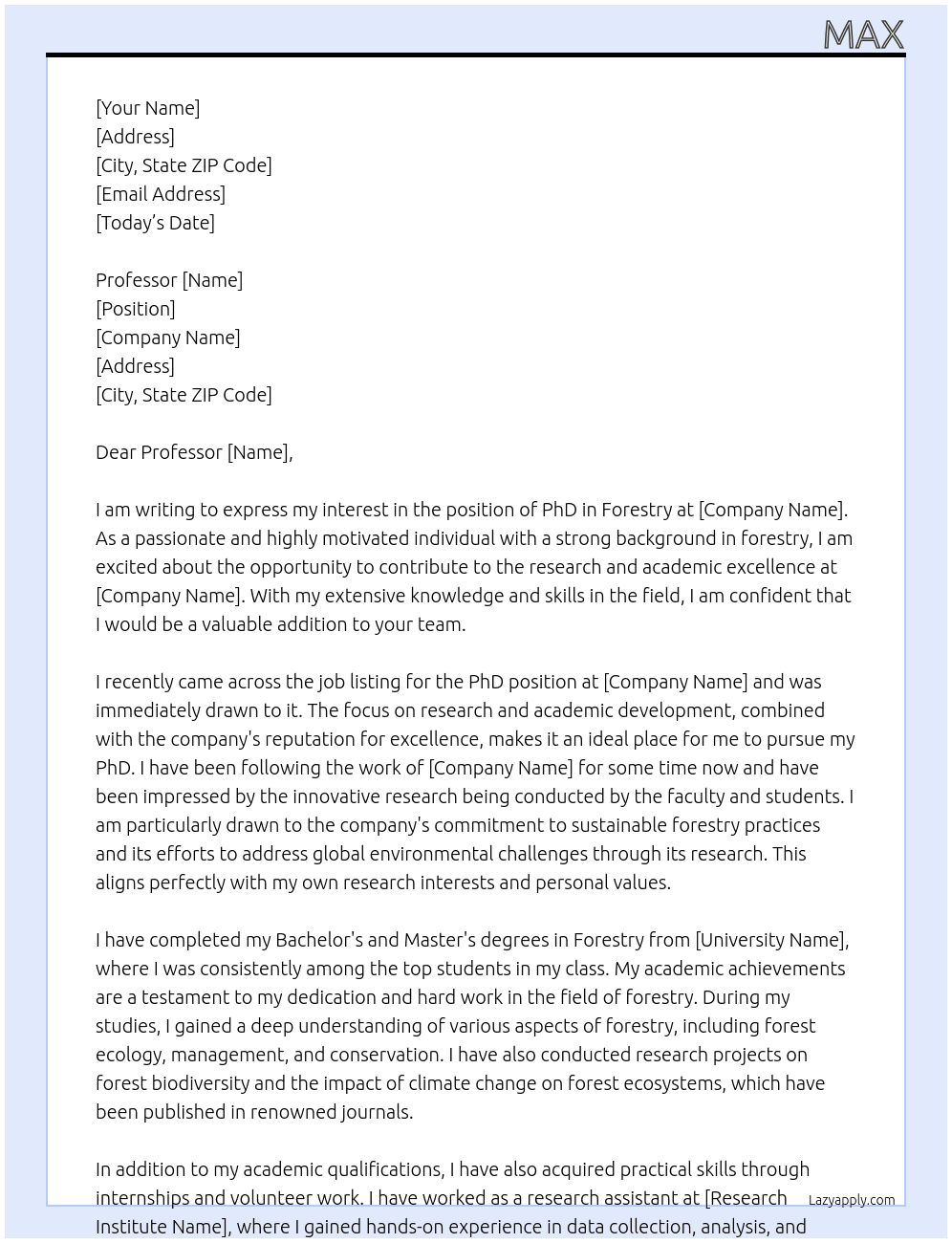 PHD FORESTRY  At Graduate school Cover Letter