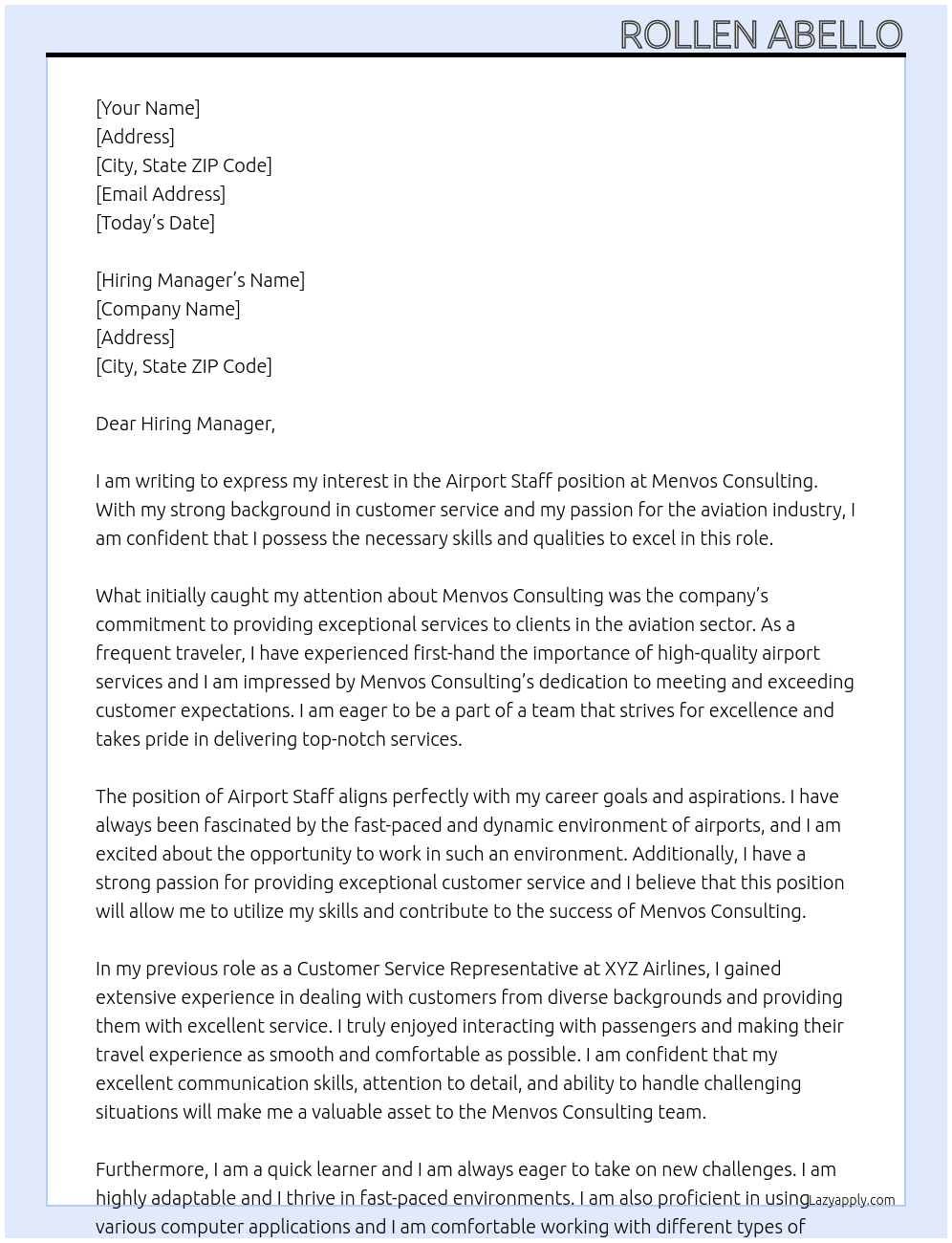 Airport Staff At Menvos Consulting Cover Letter