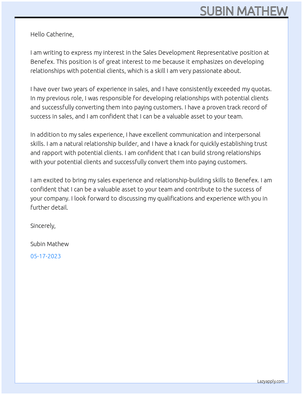 Sales Development Representative At Benefex Cover Letter