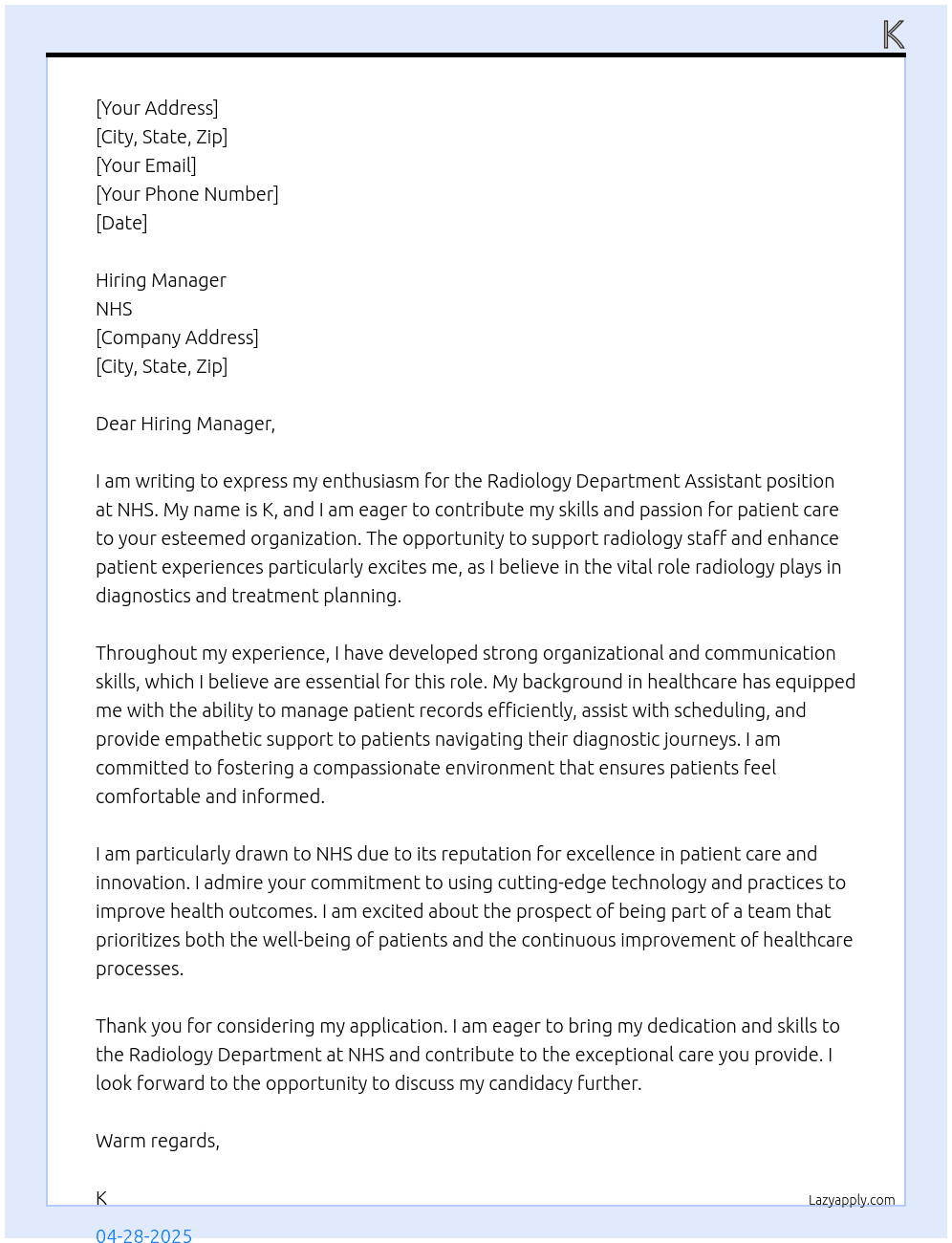 Cover letter for radiology department assistant - LazyApply