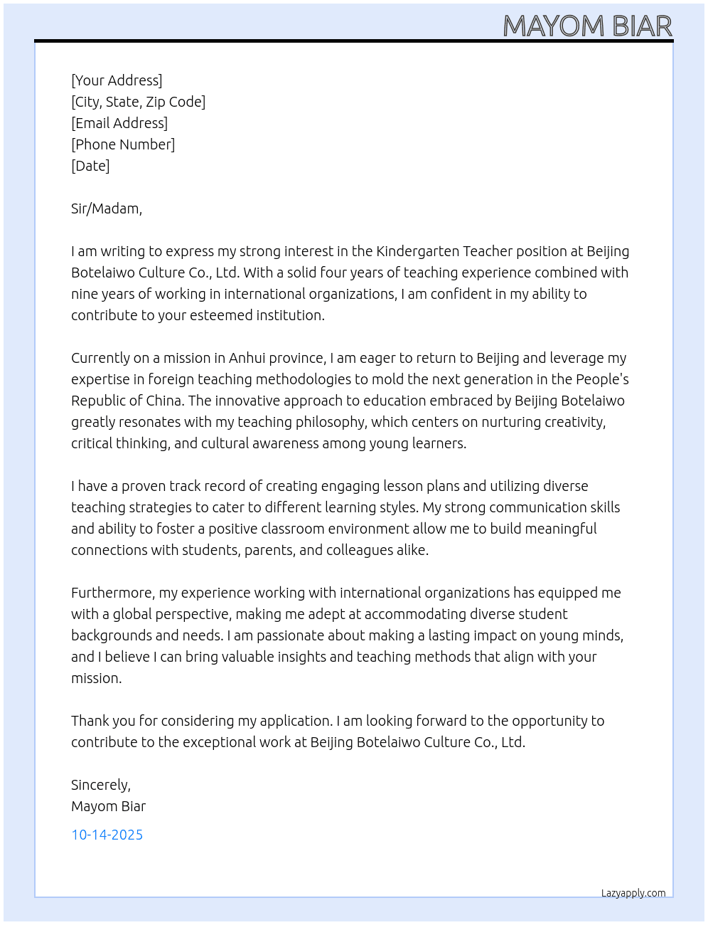 Kindergarten Teacher At Beijing Botelaiwo Culture Co., Ltd Cover Letter