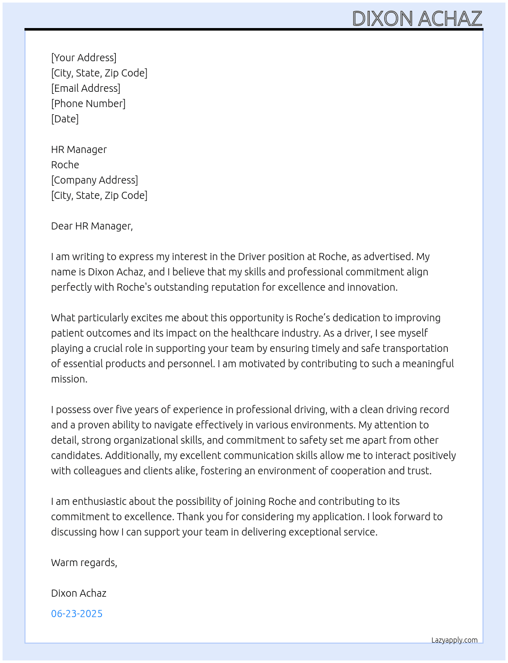 driver At roche Cover Letter