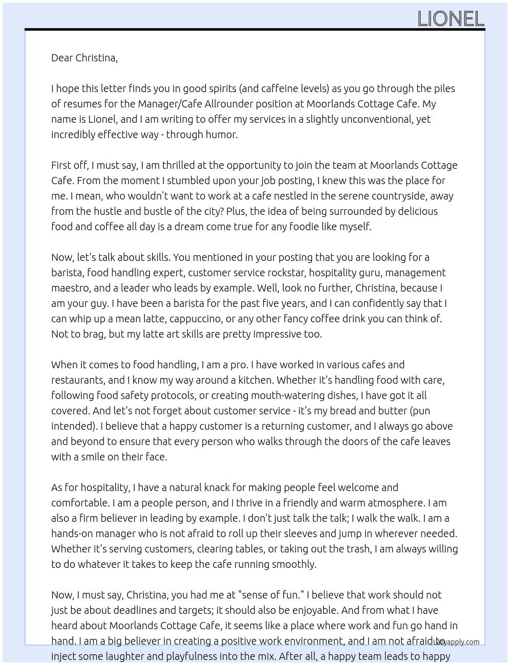 Manager/Cafe Allrounder At Moorlands Cottage Cafe Cover Letter