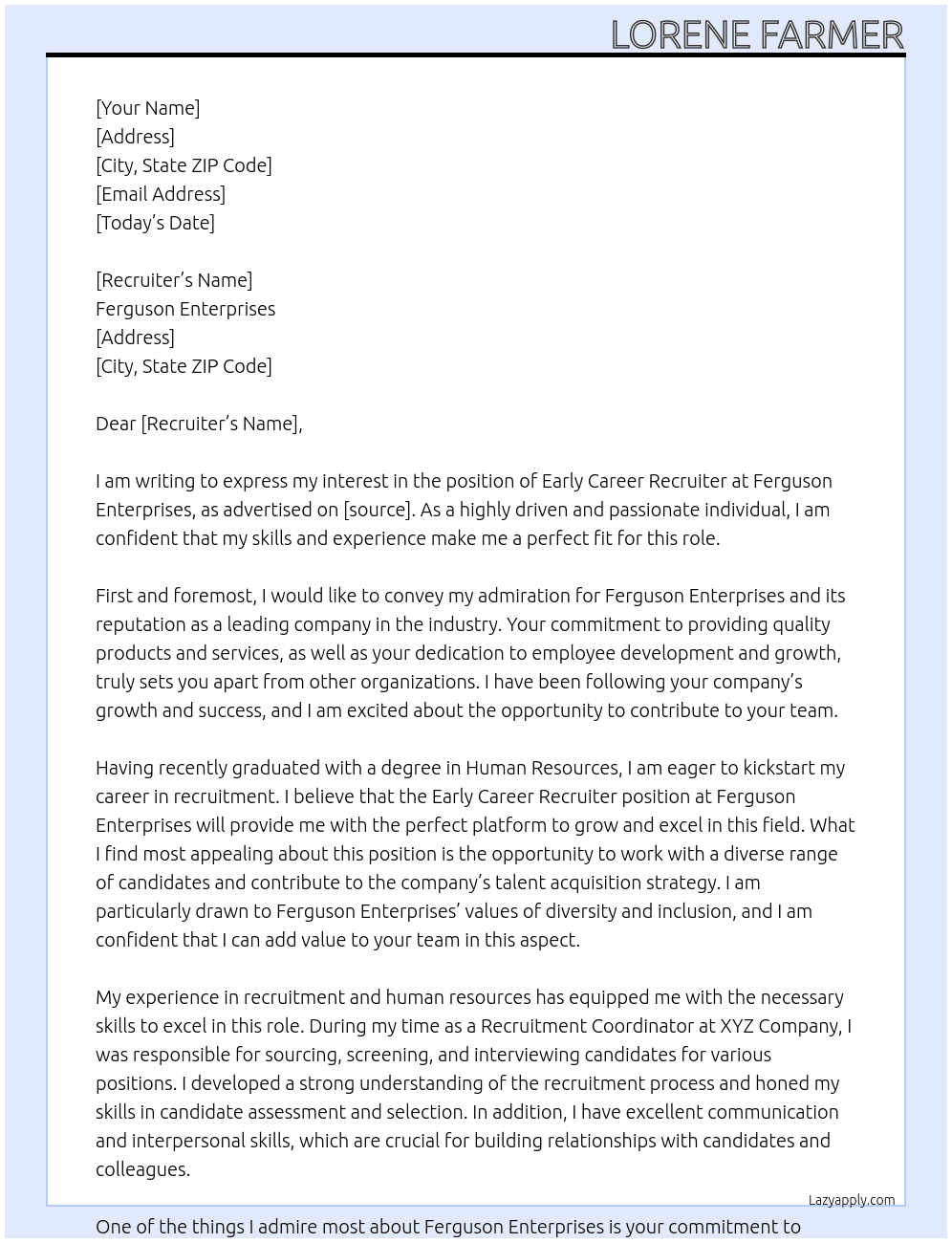 Early Career Recruiter At Ferguson Enterprises  Cover Letter