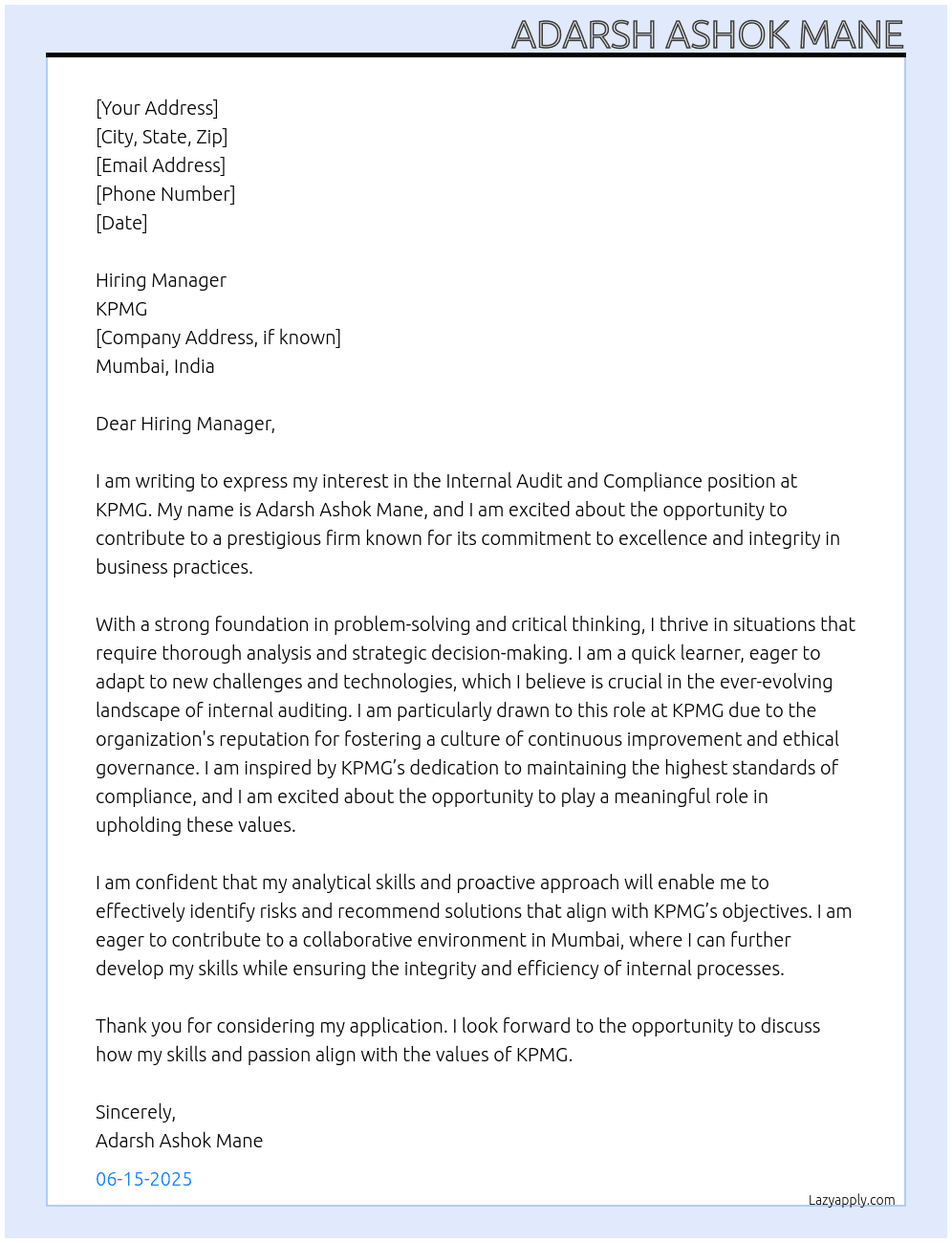Cover letter for internal audit and complanice - LazyApply