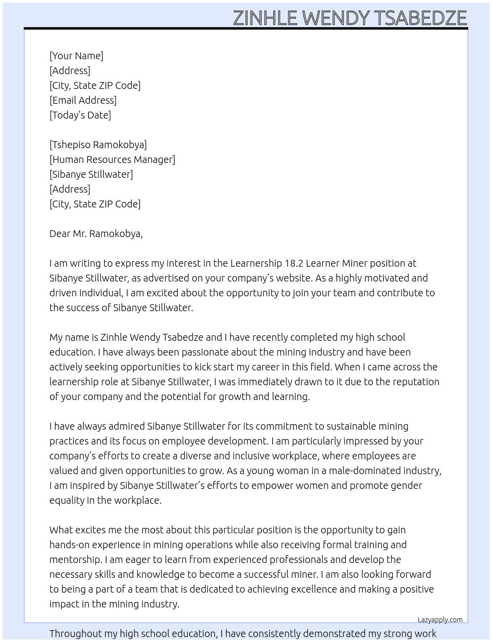 Learnership 18.2 Learner Miner At Sibanye Stillwater Cover Letter