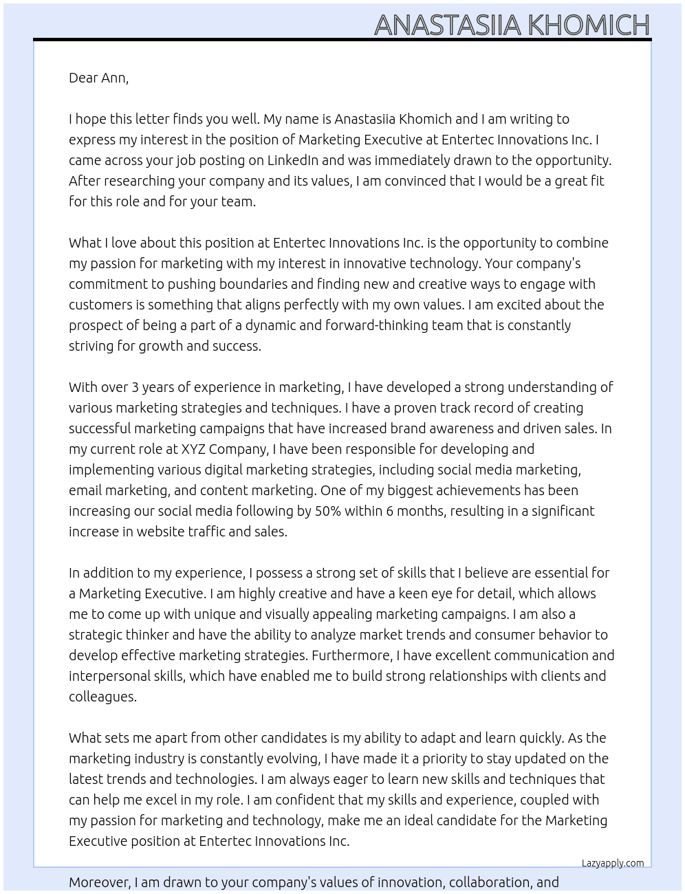 Marketing executive At ENTERTEC INNOVATIONS INC Cover Letter