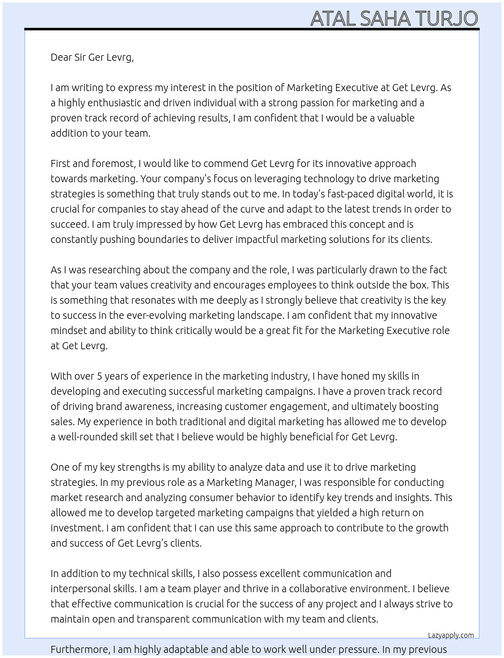 Marketing Executive At Get Levrg Cover Letter