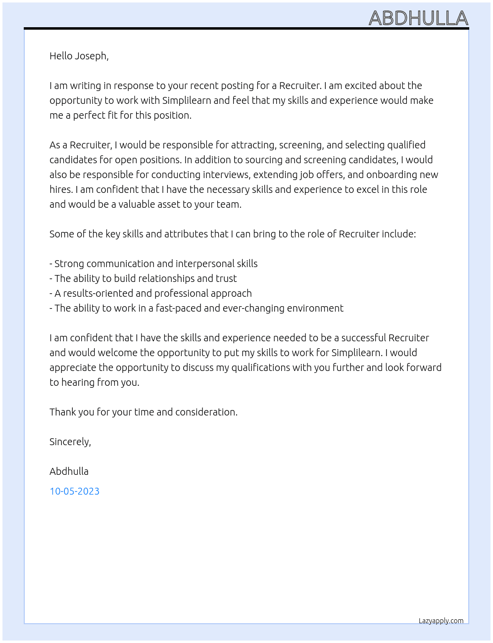 Recruiter  At Simplilearn Cover Letter