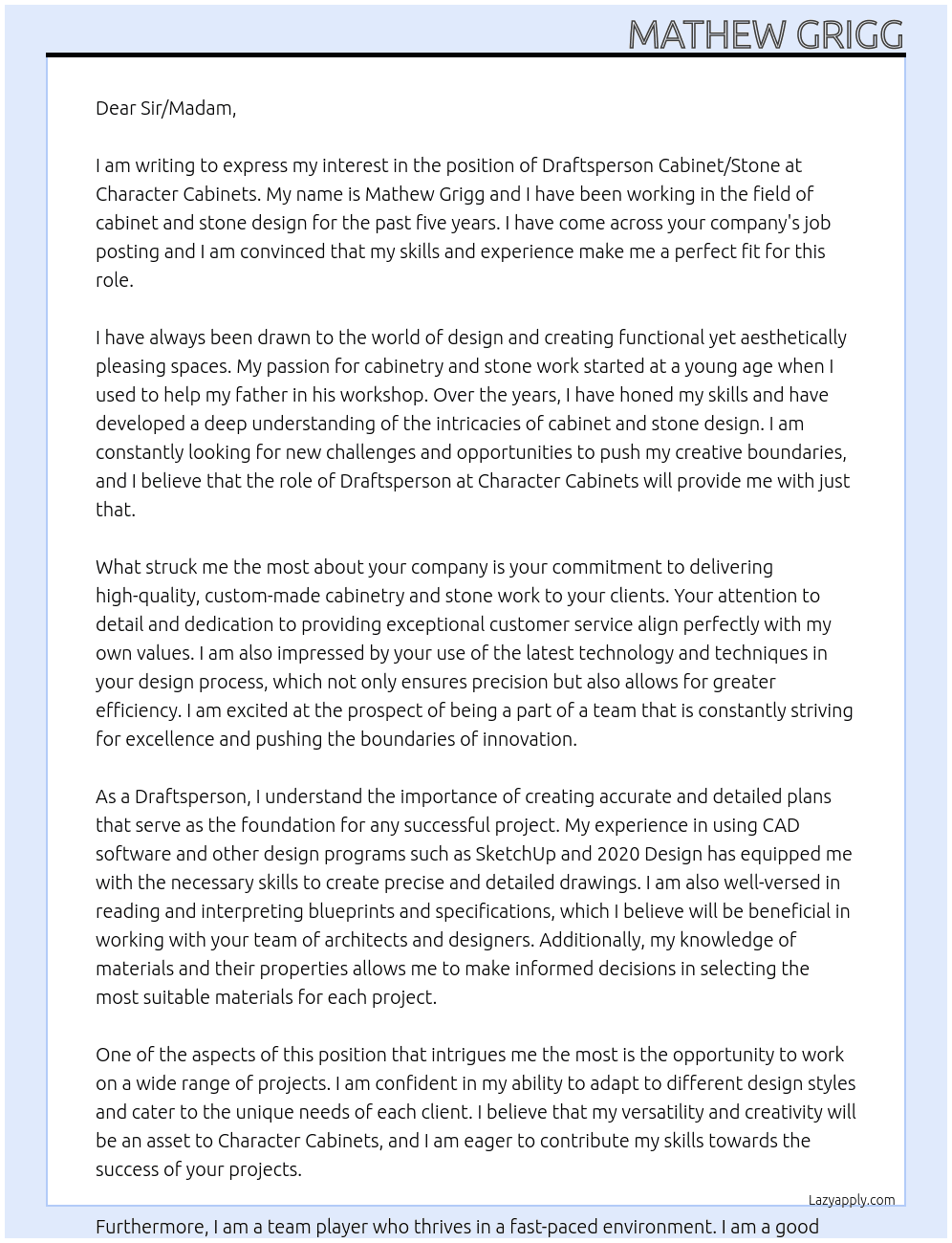 Draftsperson Cabinet/Stone At Character Cabinets Cover Letter