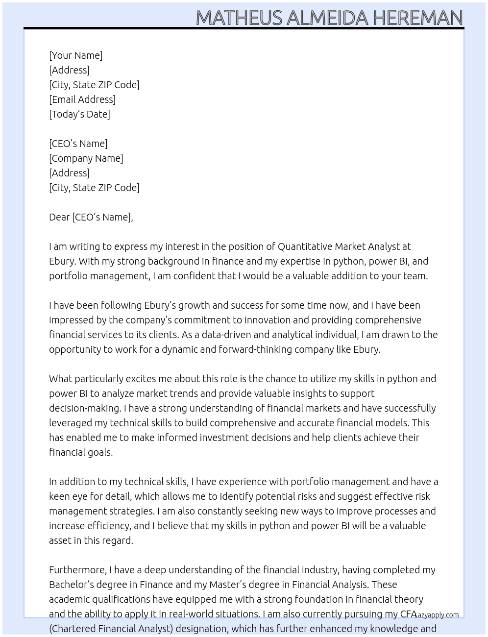 Quantitative Market Analyst  At Ebury Cover Letter