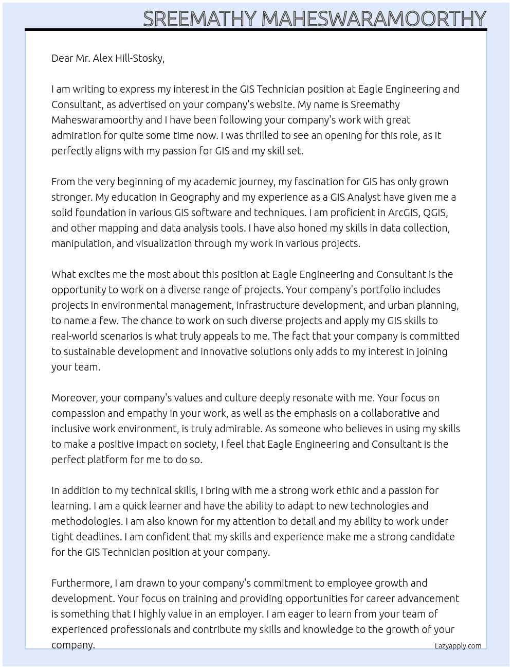 GIS Technician At Eagle Engineering and Consultant Cover Letter
