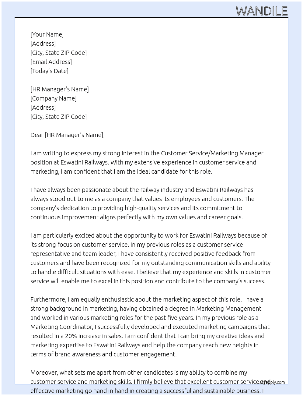 Customer Service/Marketing Manager At Eswatini Railways Cover Letter