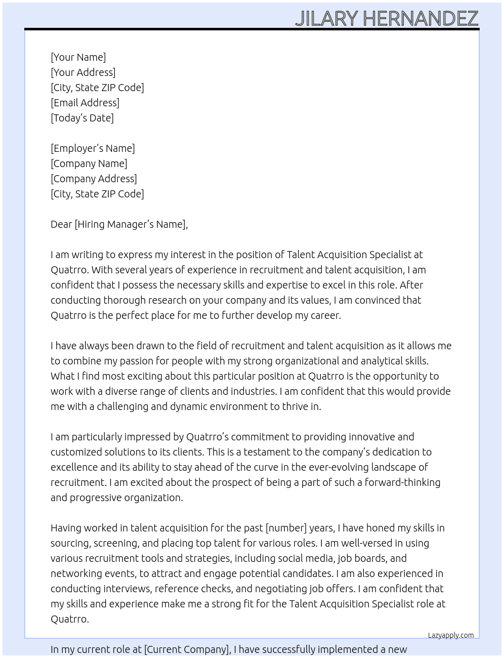 Talent aquisition specialist  At Quatrro Cover Letter