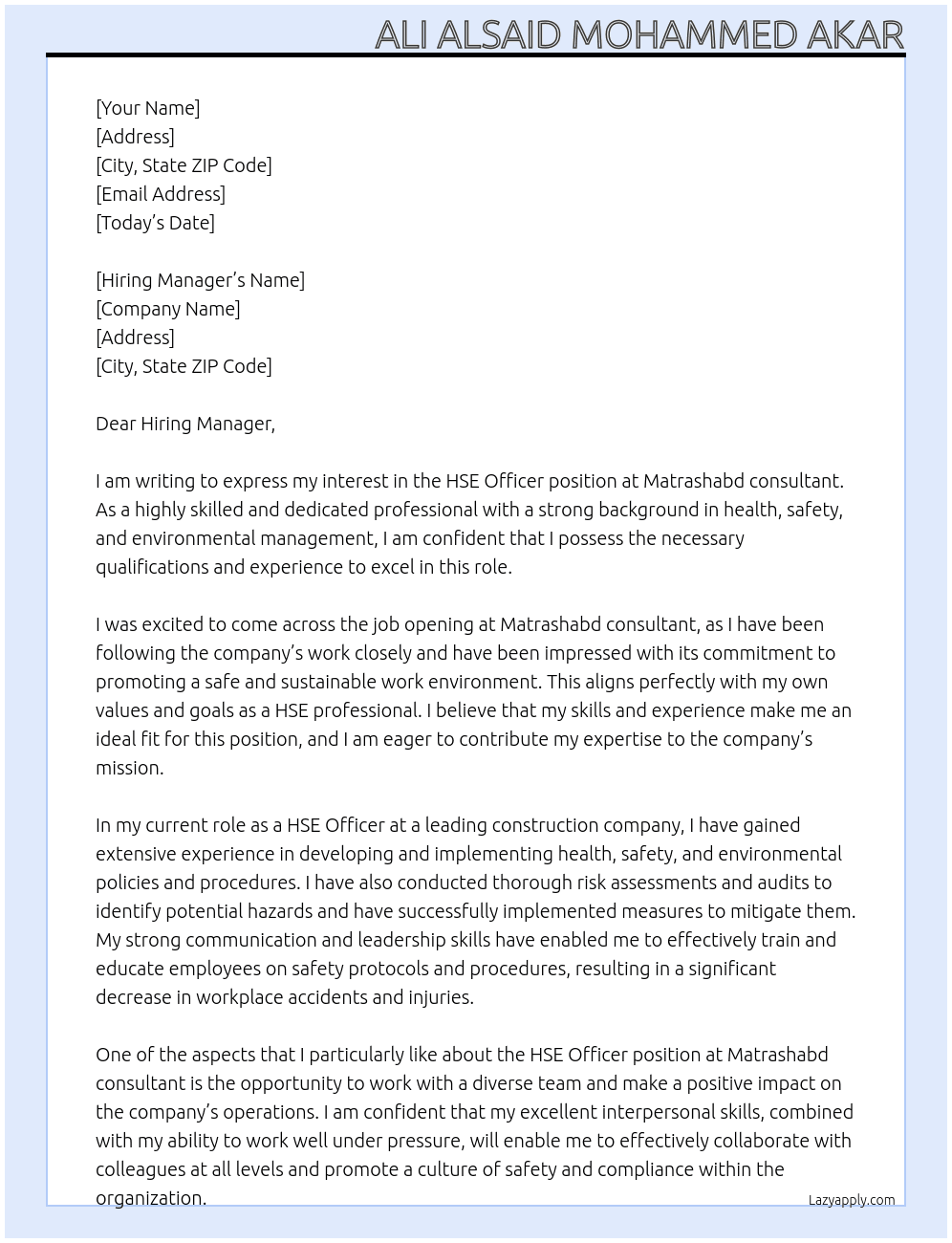 HSE Officer  At Matrashabd consultant Cover Letter
