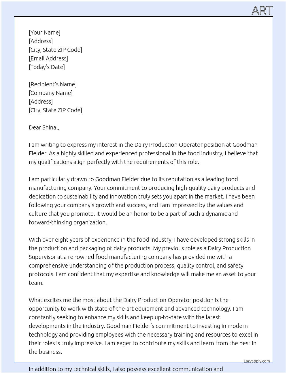 Dairy Production Operator At Goodman Fielder Cover Letter