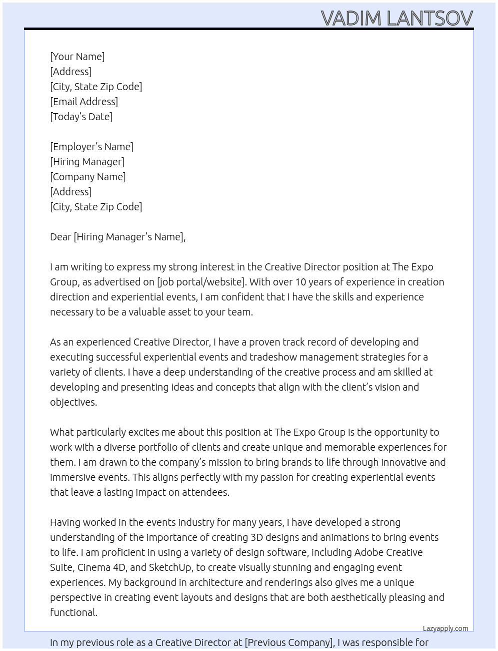 Creative Director At The Expo Group Cover Letter
