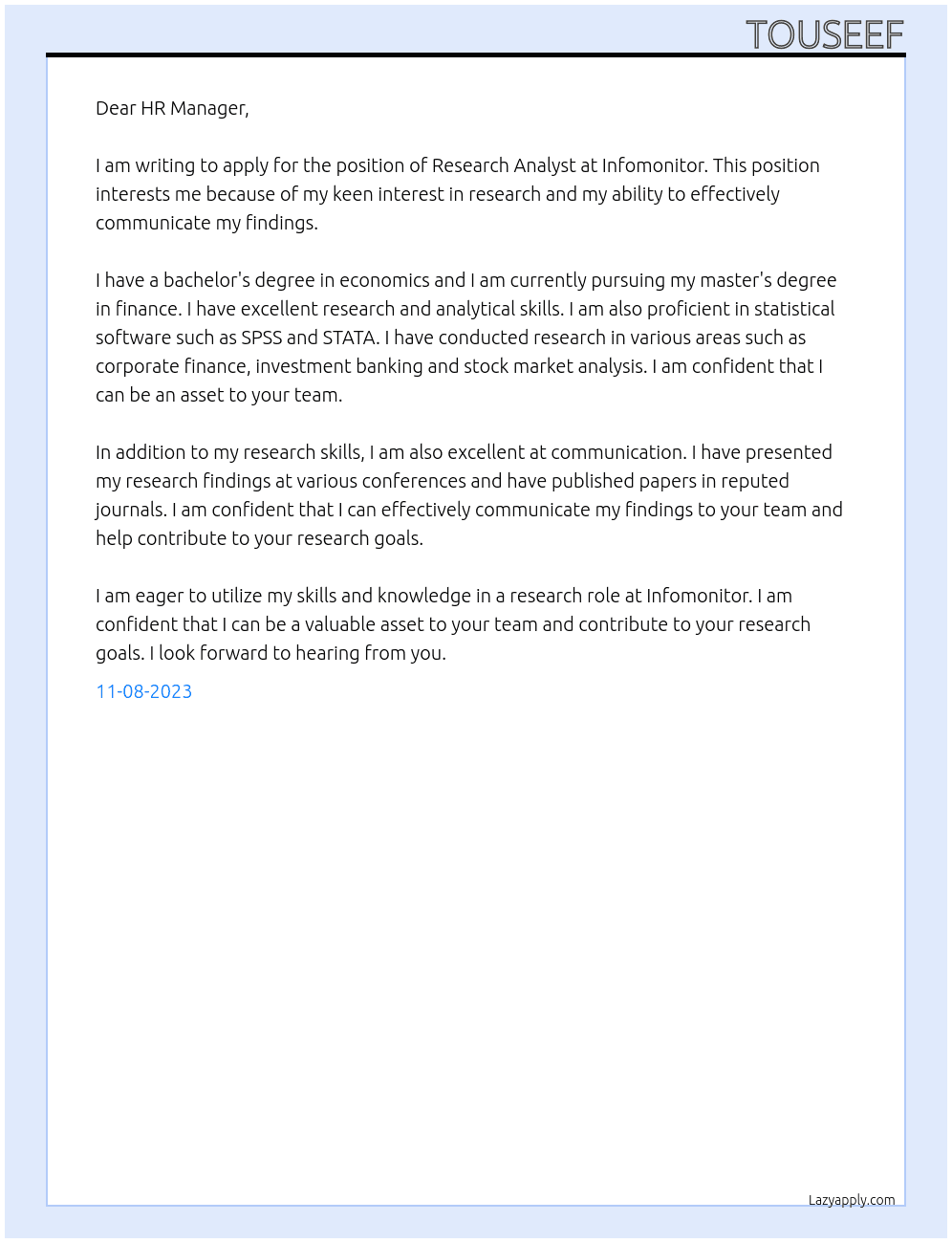 Research Analyst At Infomonitor Cover Letter
