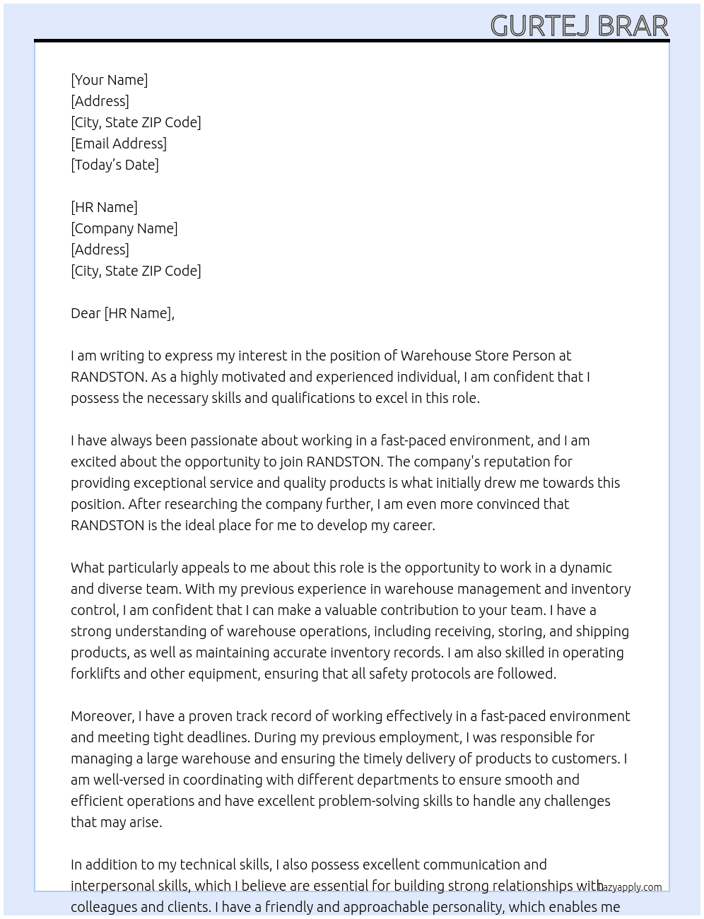  warehouse store person  At RANDSTON  Cover Letter