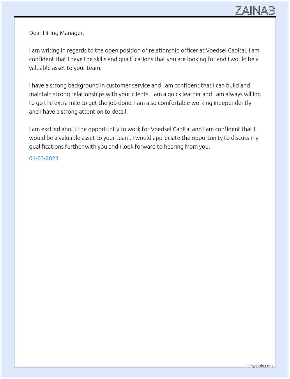 relationship officer At voedsel capital Cover Letter