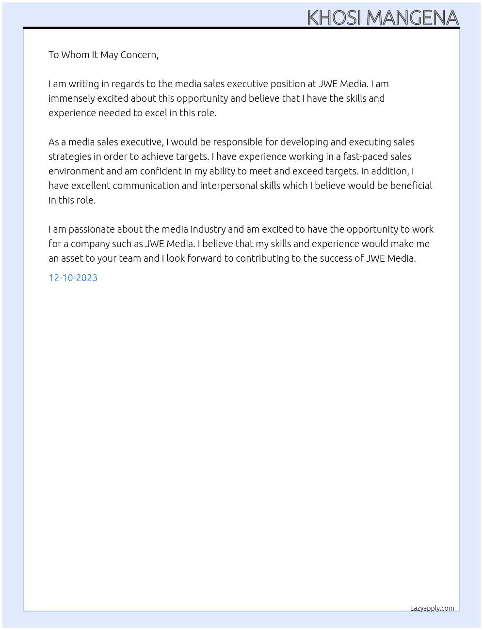 media sales execututive At JWE Media  Cover Letter