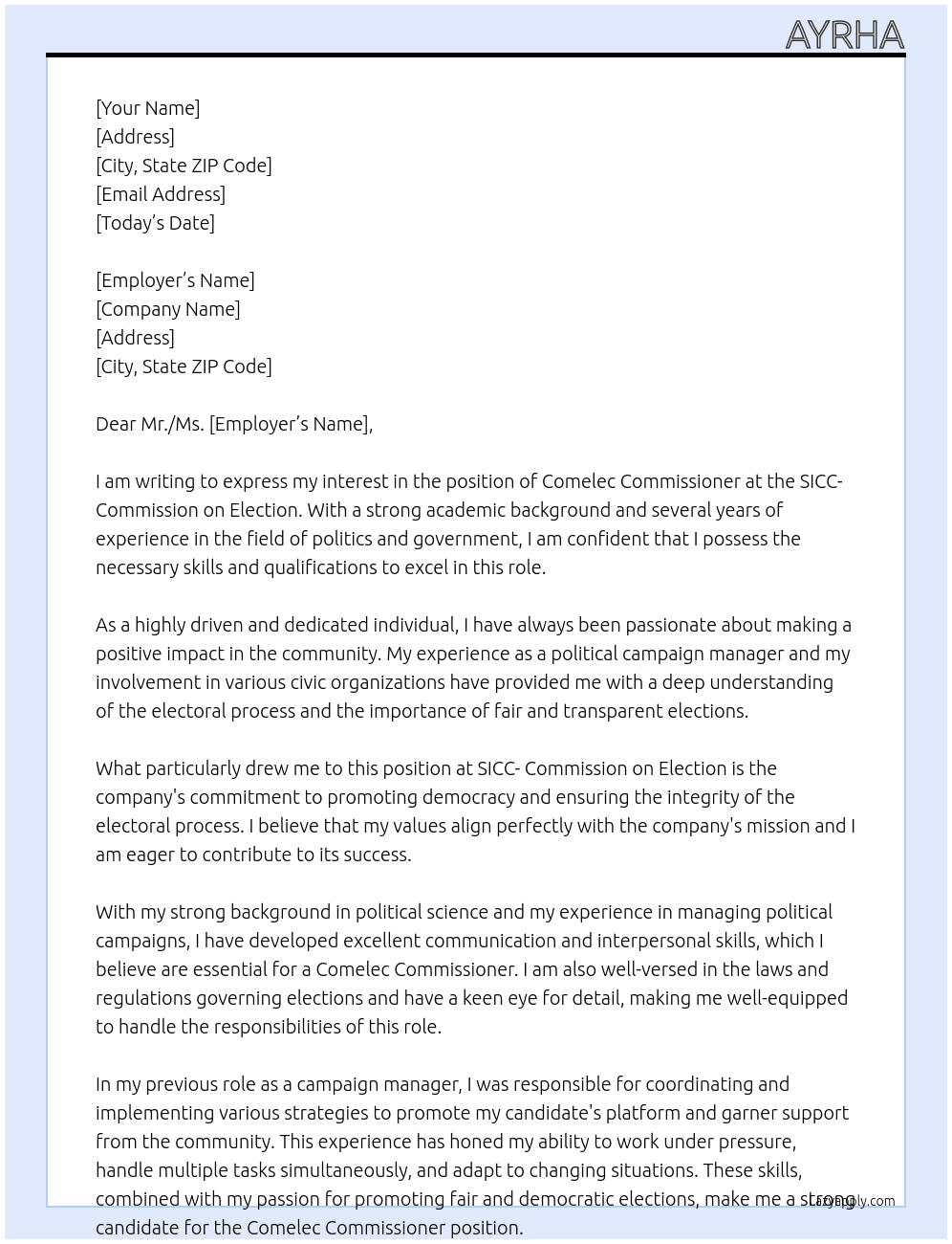 comelec commissioner  At SICC- Commission on Election  Cover Letter