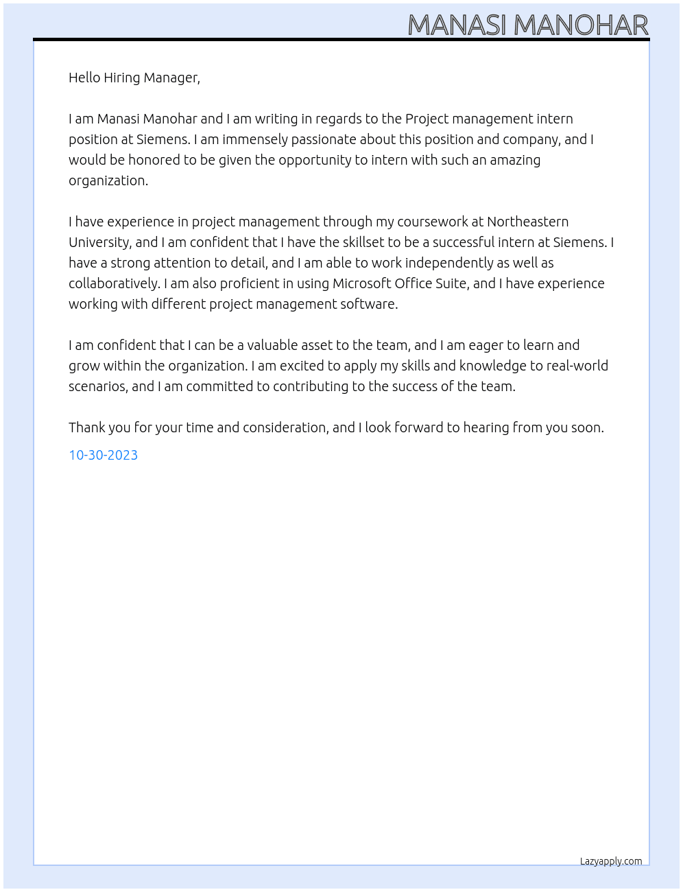 Project management intern At Siemens Cover Letter