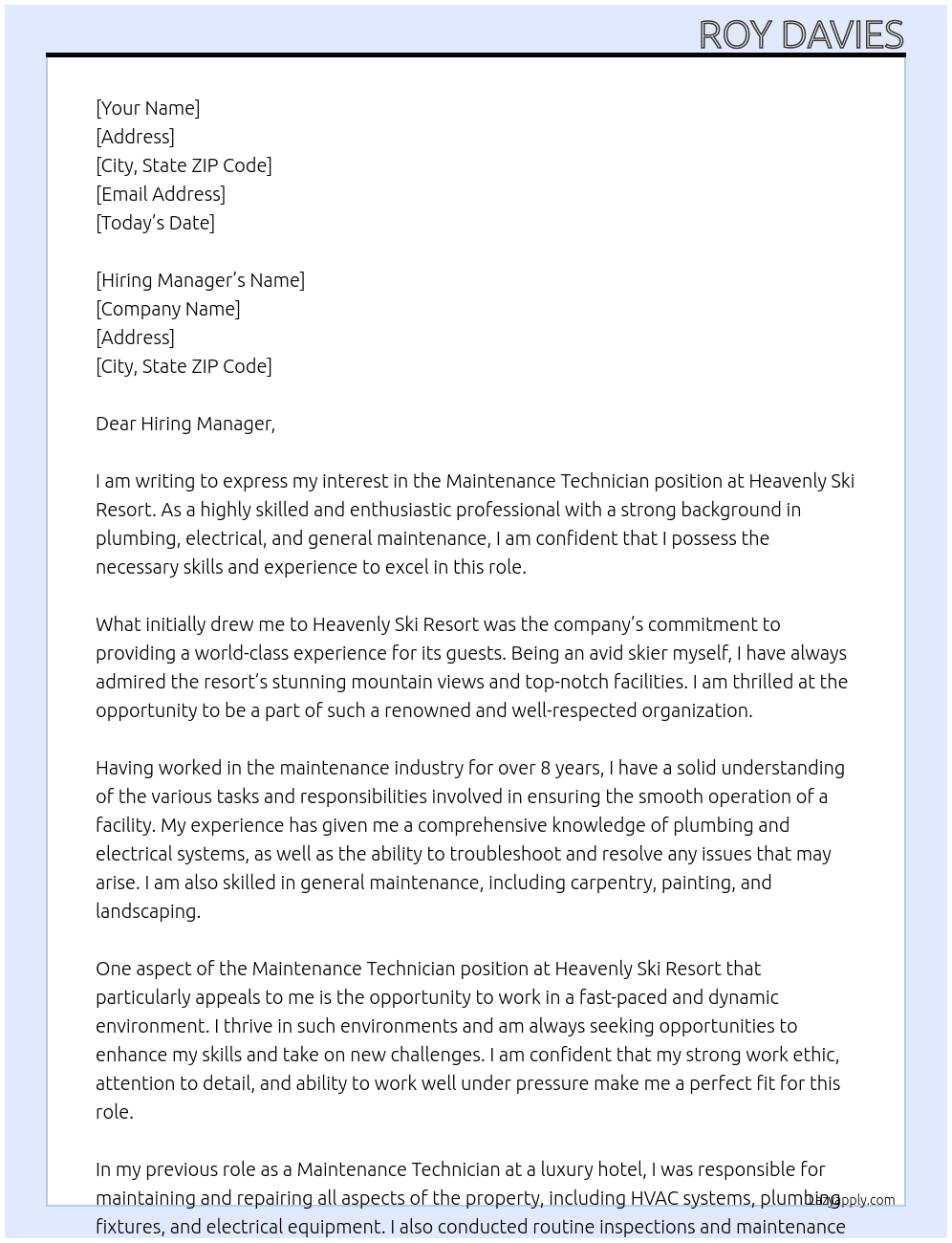 Maintenance Technician At Heavenly Ski Resort Cover Letter