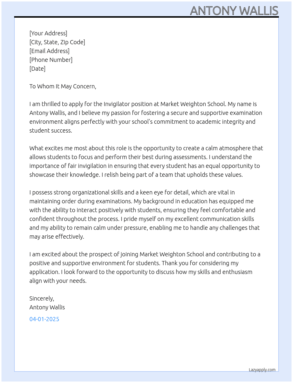 Invigilator At Market Weighton School Cover Letter