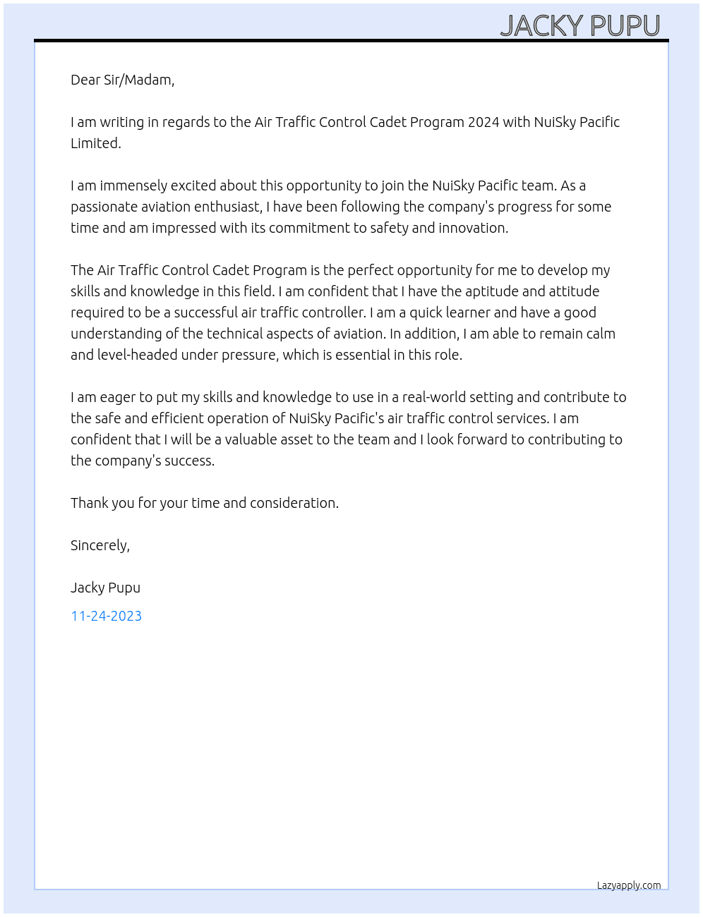 Air Traffic Control Cadet Program 2024 At NuiSky Pacific Limited  Cover Letter