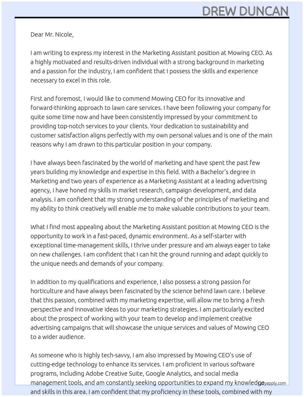 Marketing assistant At Mowing CEO Cover Letter