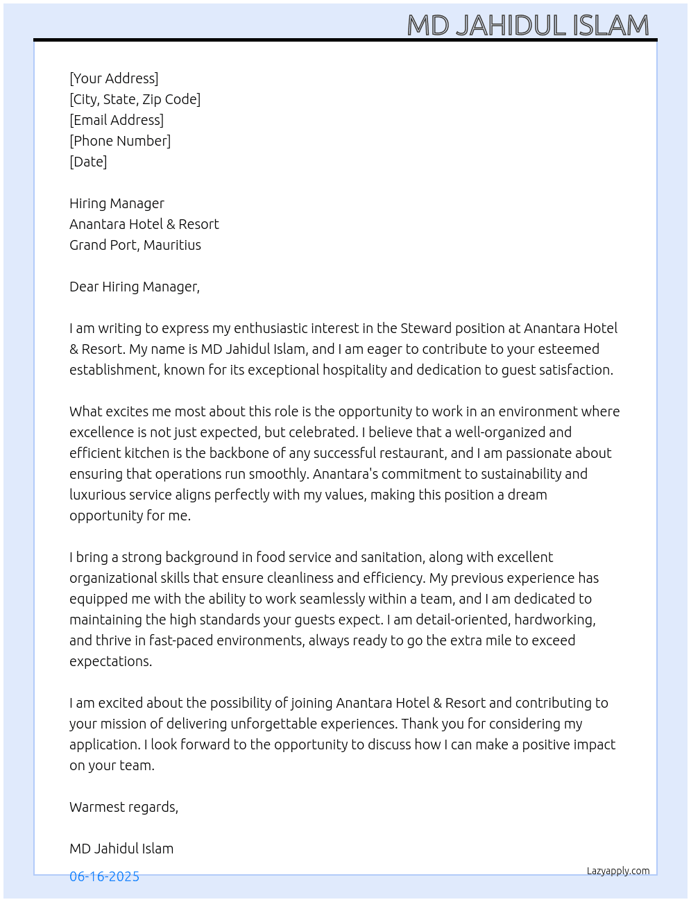  Steward  At Anantara Hotel & Resort  Cover Letter