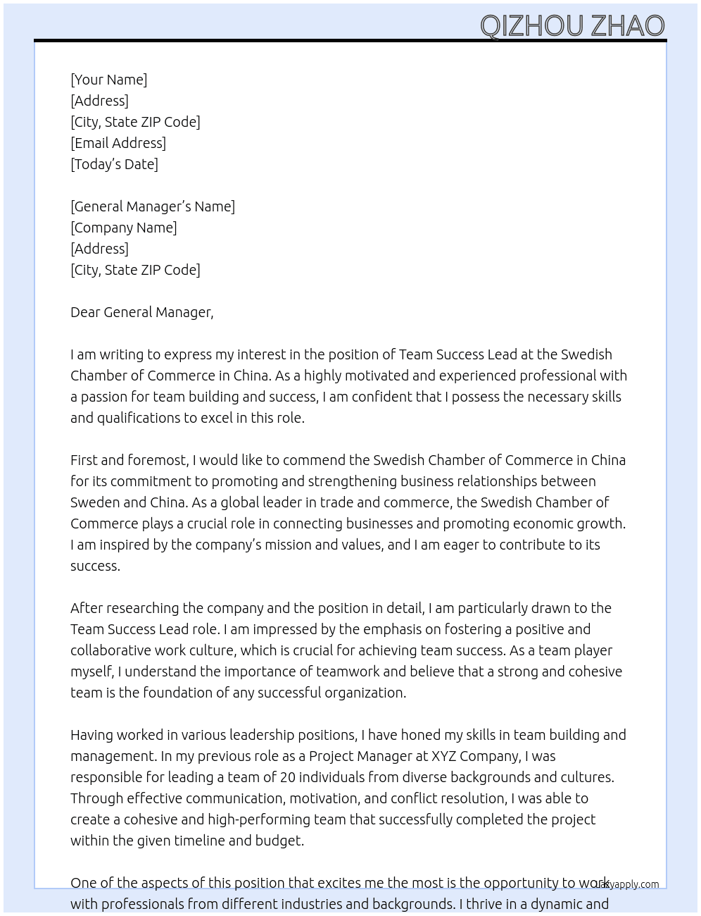 TEAM SUCCESS LEAD At Swedish Chamber of Commerce in China Cover Letter